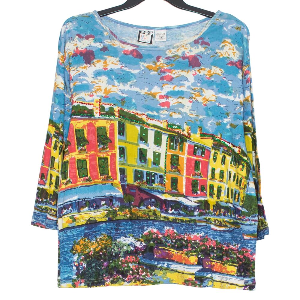 NWT Take Two Vintage Wearable Art Top Embellished Resort Plus Size 2X 3/4 Sleeve